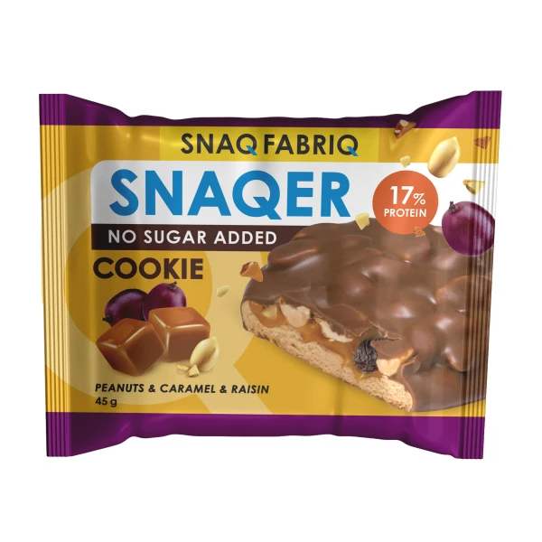 Snaq Fabriq Протеиновое печенье в шоколаде Snaqer Cookie 45 грамм (Арахис, изюм и карамель)